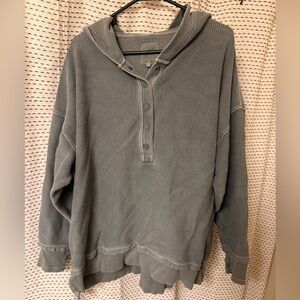 Aerie Oversized Ribbed Snap Front Hoodie Sweatshirt Olive Green